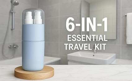 Travel Toiletry Kit 6-in-1 Portable Travel Essentials Set with Bottles, Toothbrush Holder, Comb, Mirror, Cup & Towel Compact Bathroom Accessories for Camping, Gym, Vacation